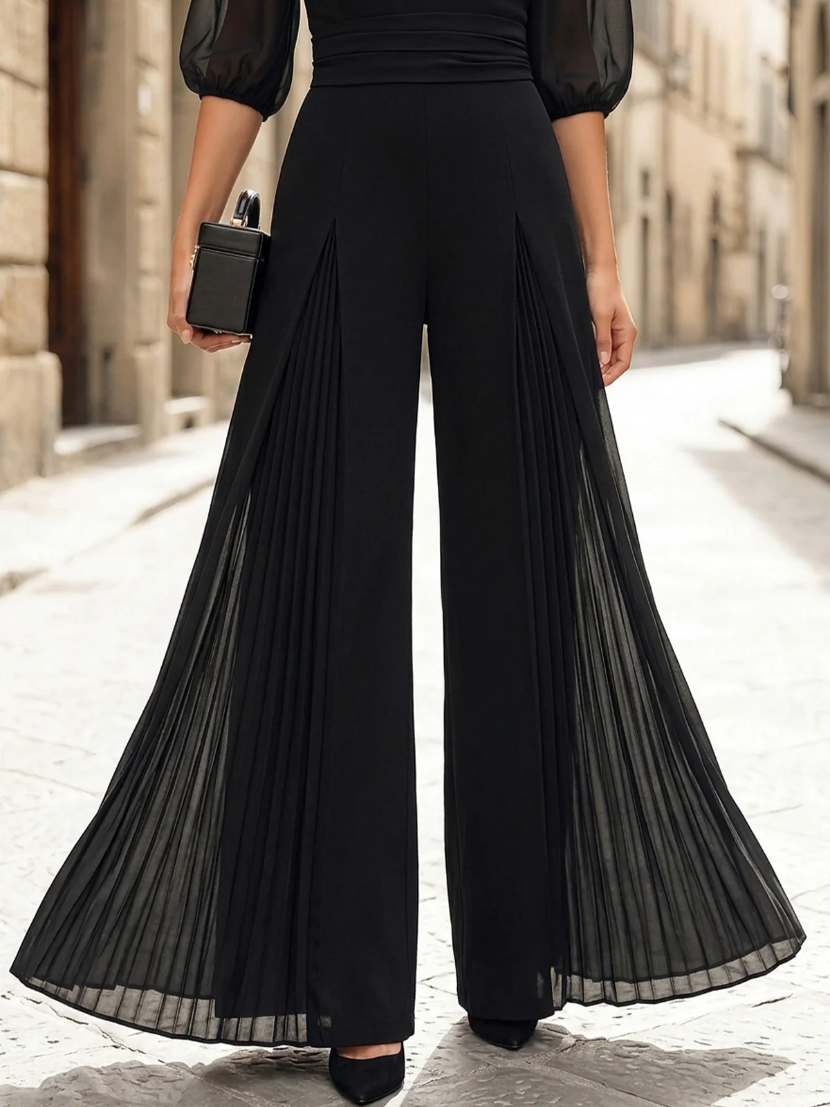 Mock Neck Keyhole Sheer Sleeve Pleated Flare Trouser Suit - Image 4