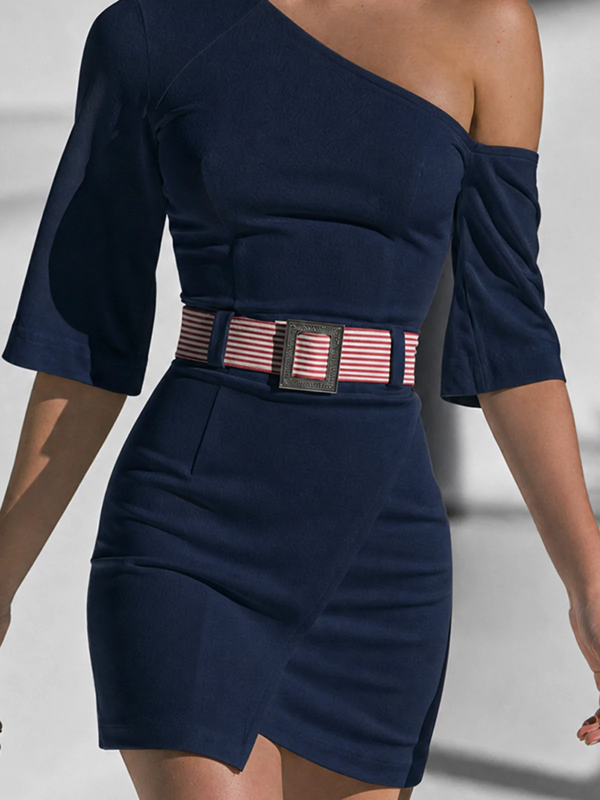 Navy Asymmetric One Shoulder Wrap Mini Dress With Stripe Belt - Image 3