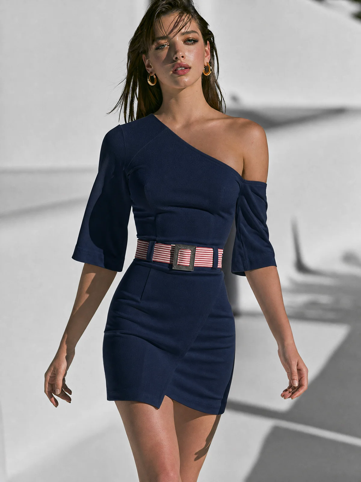 Navy Asymmetric One Shoulder Wrap Mini Dress With Stripe Belt - Image 4