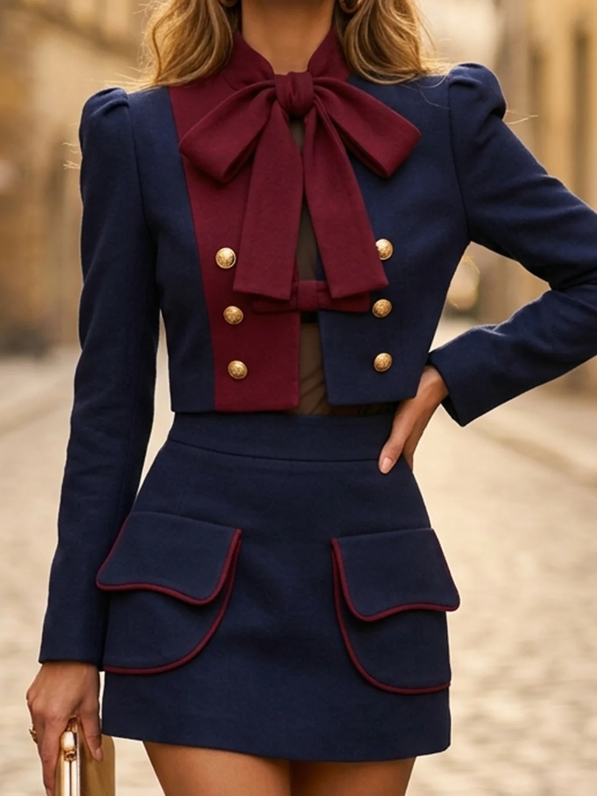 Navy Burgundy Bow Contrast Cropped Blazer Mini Skirt Two-Piece Set - Image 3
