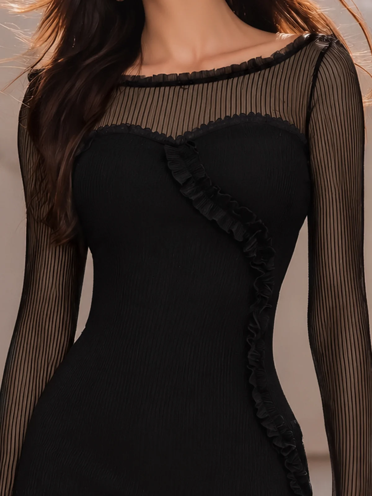 Off-the-shoulder Sheer Ruched Bodycon Little Black Dress - Image 3