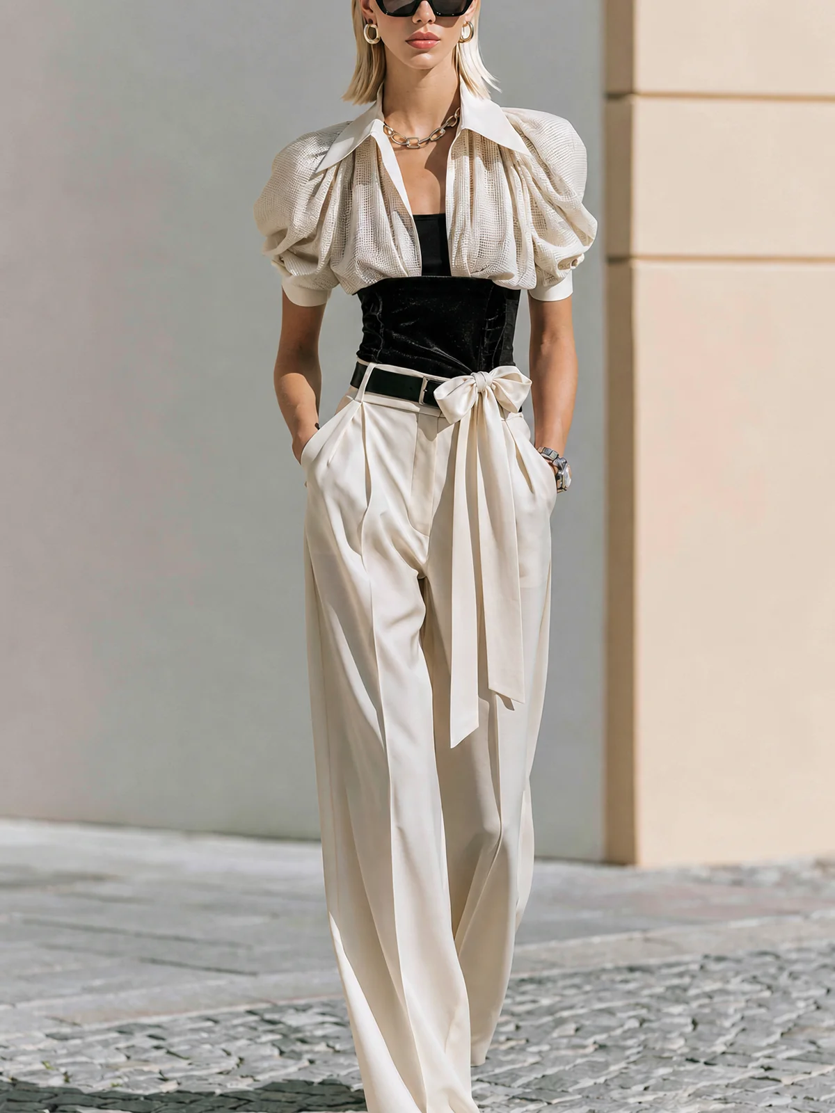 Off-White Puff Sleeve Corset Top Wide Leg Trouser Co-ord Set