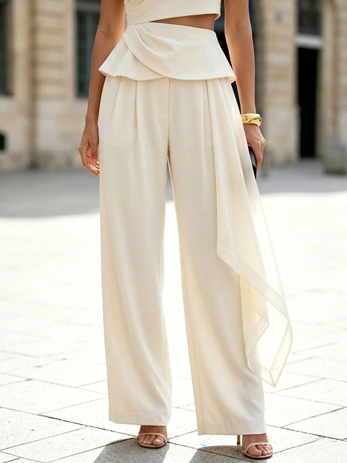 Off White Ruched Waist Two Piece Wide Leg Suit - Image 4