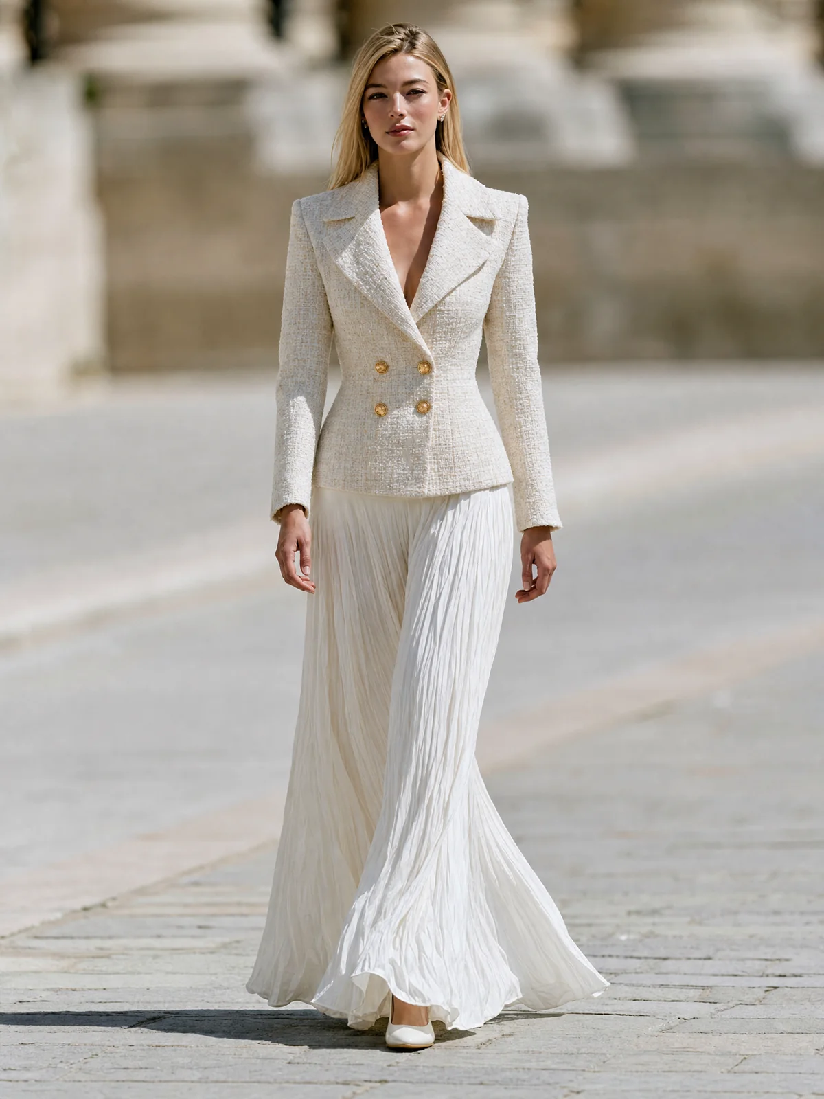 Off White Tweed Fitted Blazer Pleated Maxi Wide Leg Pant Co-ord Set - Image 2