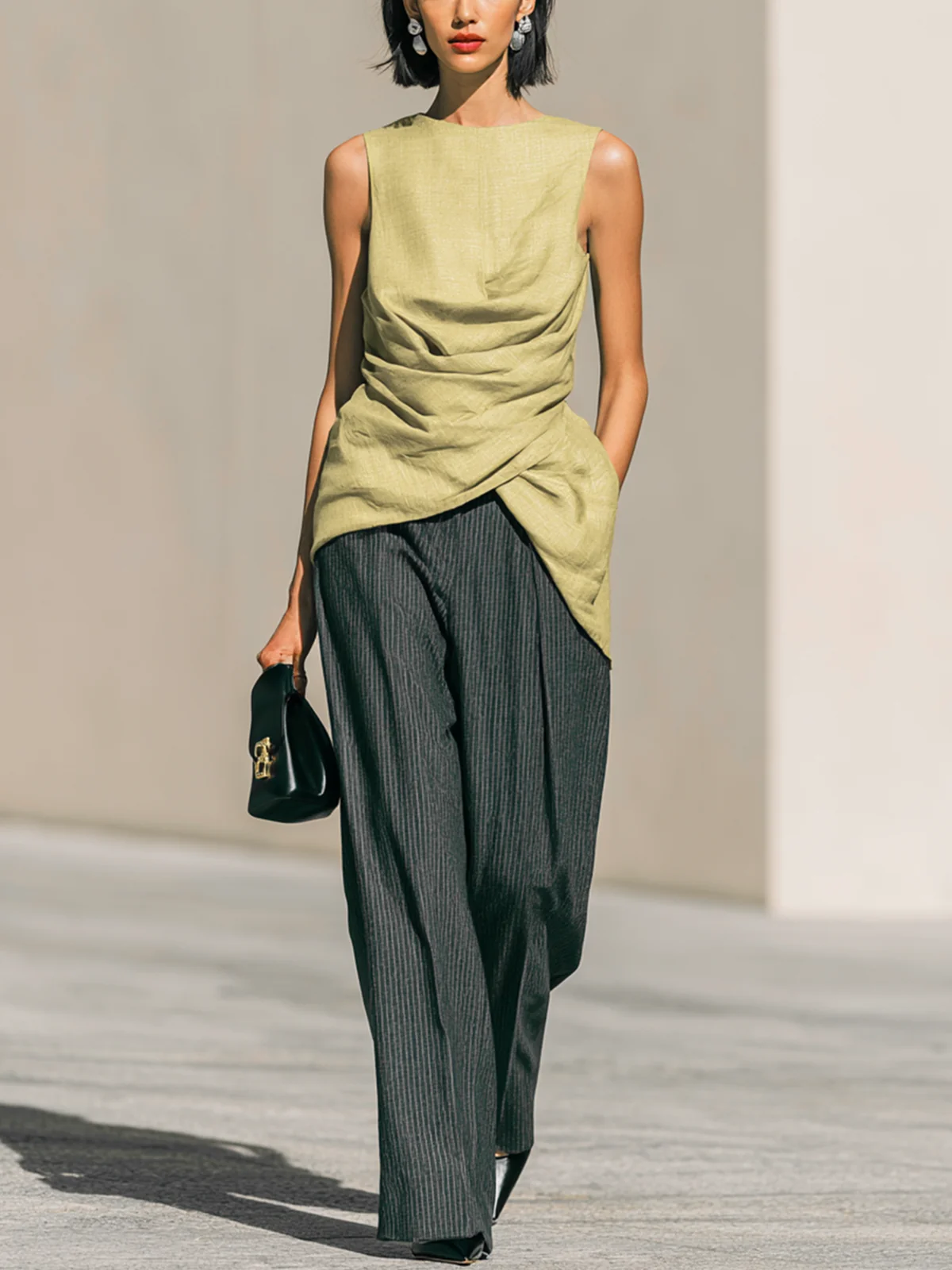 Pale Olive Draped Sleeveless Top Dark Pinstripe Wide Leg Pant Co-ord Set
