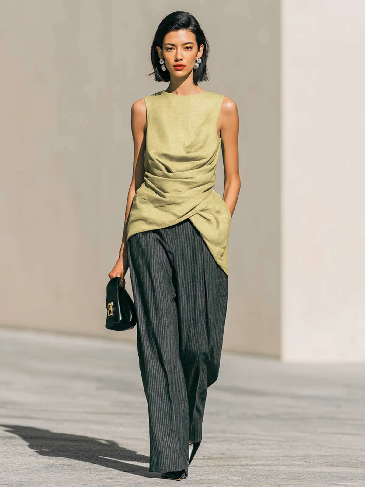 Pale Olive Draped Sleeveless Top Dark Pinstripe Wide Leg Pant Co-ord Set - Image 2