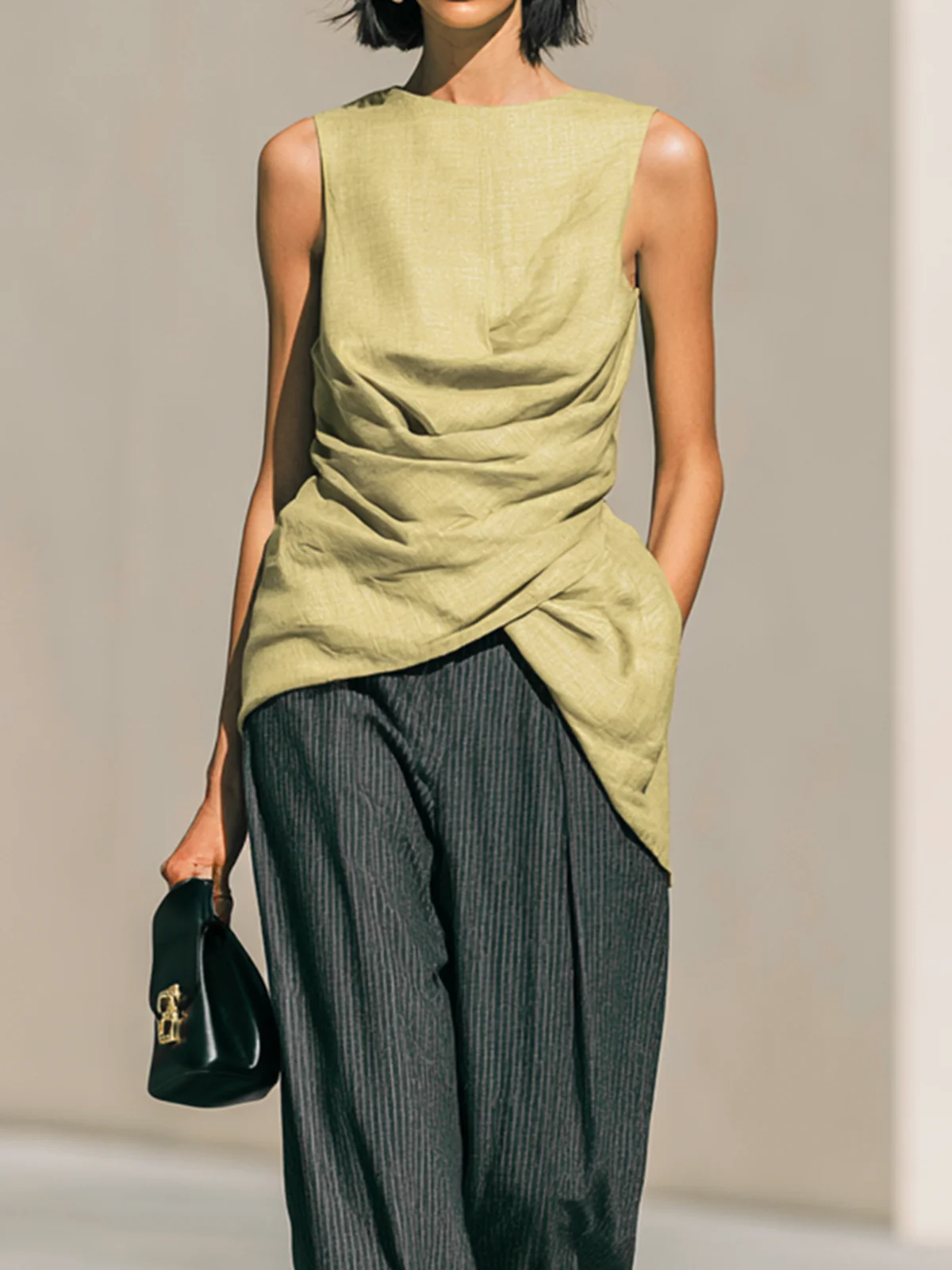 Pale Olive Draped Sleeveless Top Dark Pinstripe Wide Leg Pant Co-ord Set - Image 3