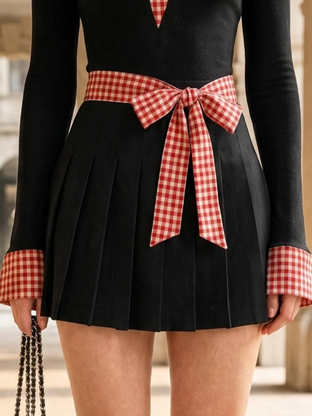 Preppy Contrast Gingham Collar Top & Mini Pleated Skirt Set - Image 4