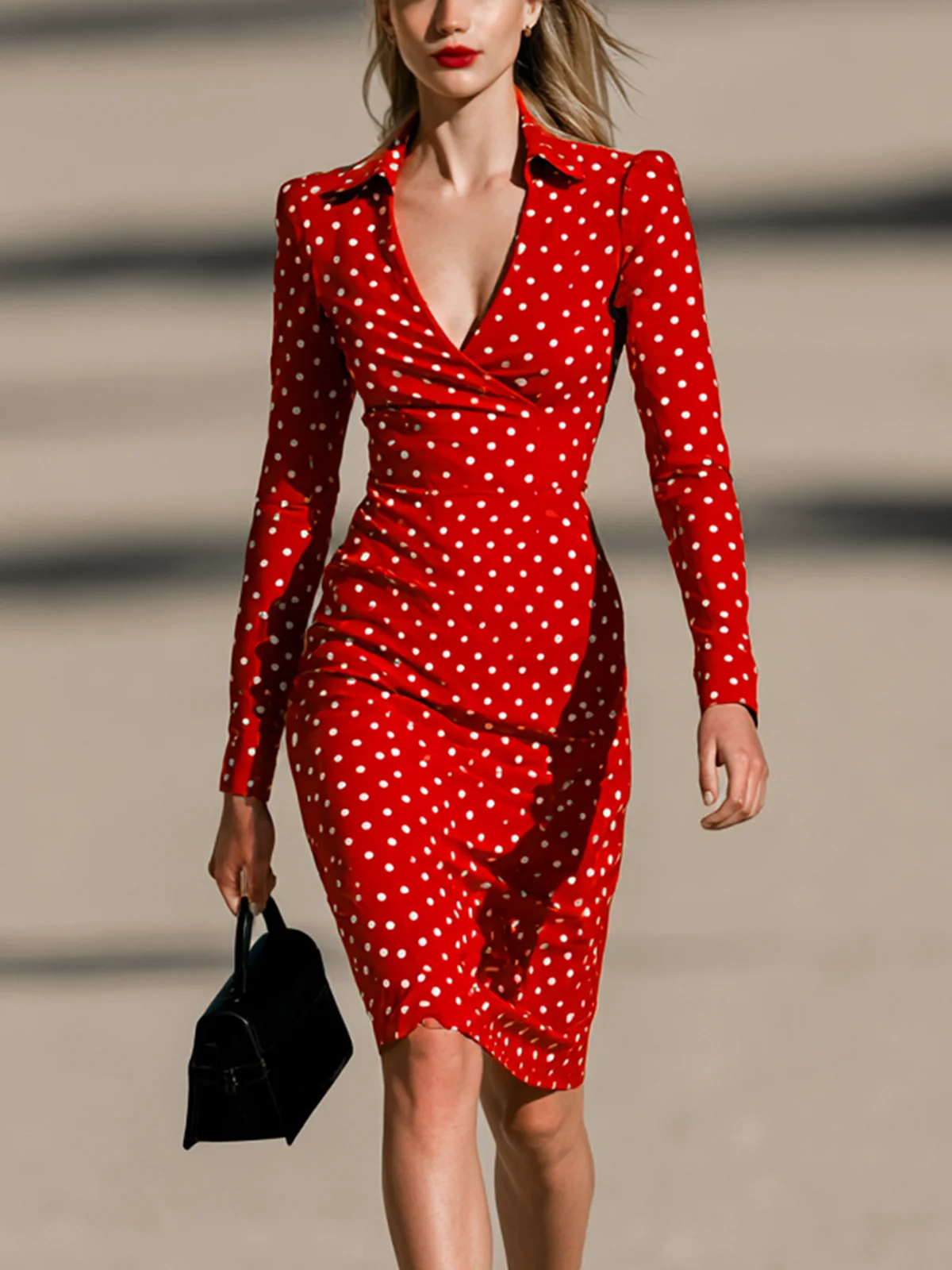 Red White Polka Dot Lapel Wrap Long Sleeve Bodycon Midi Dress
