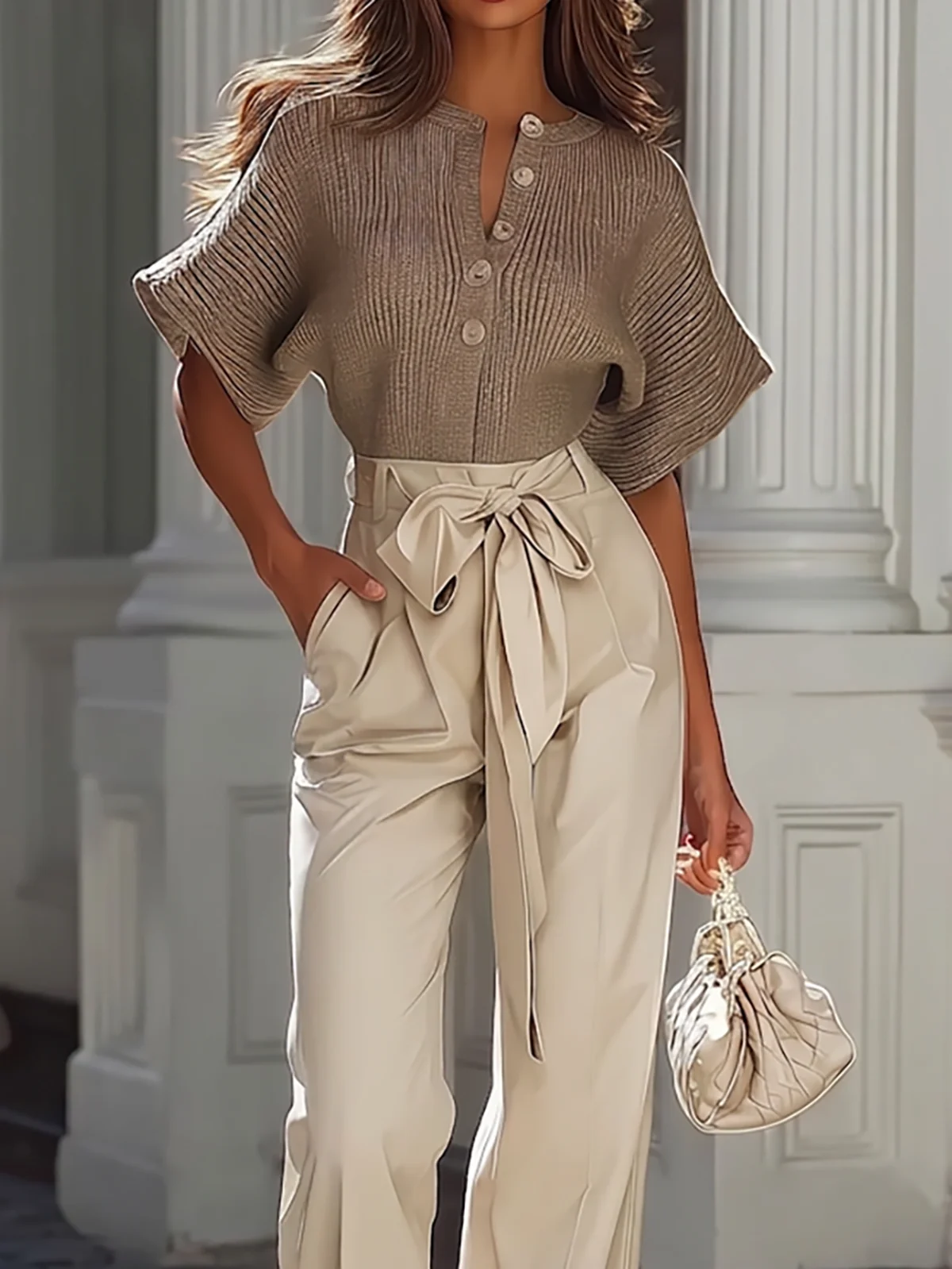 Ribbed Button Knit Top Waist Tie Wide Leg Pant Set - Image 3