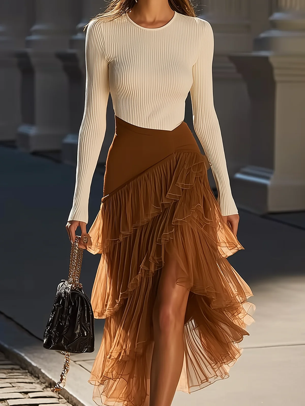 Ribbed Knit Top Asymmetric Tulle Skirt Two Piece Set - Image 3