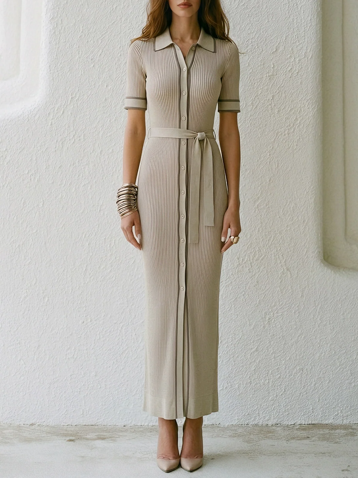Ribbed Polo Collar Belted Midi Knit Dress
