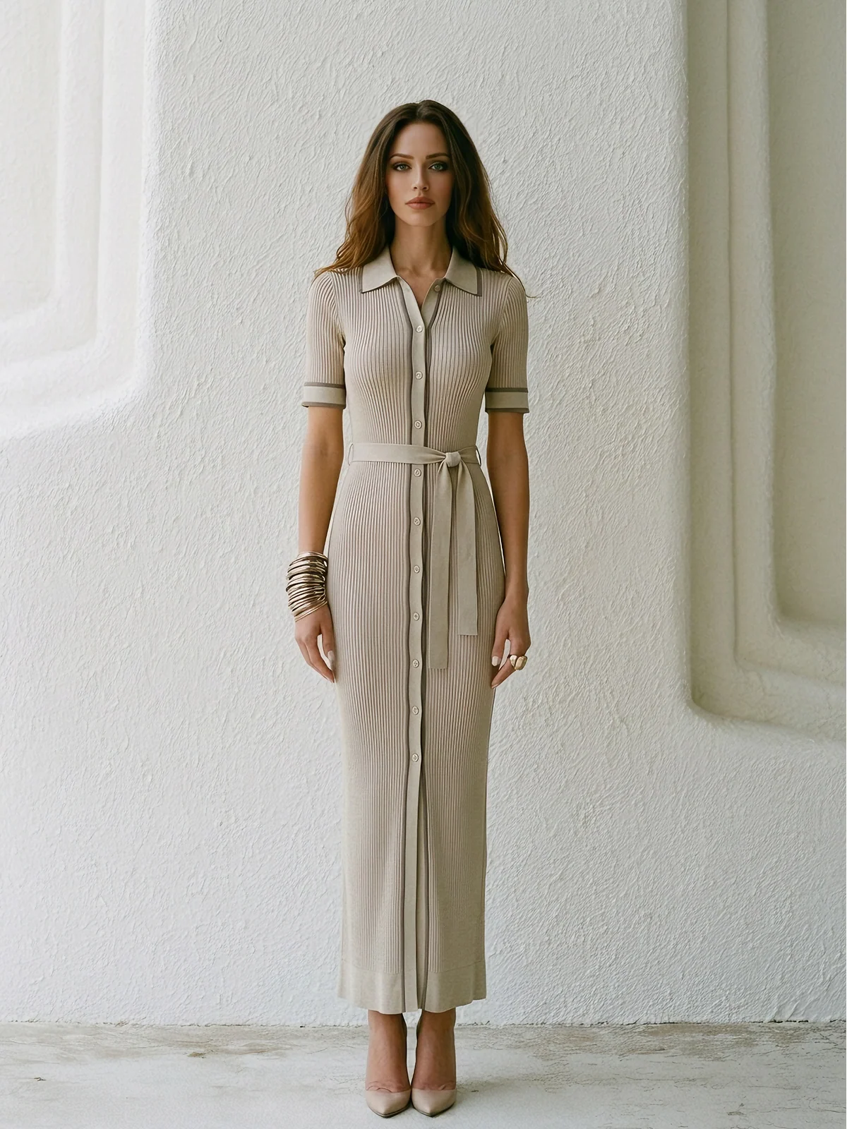 Ribbed Polo Collar Belted Midi Knit Dress - Image 2
