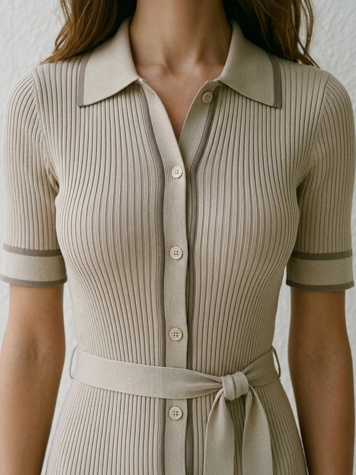 Ribbed Polo Collar Belted Midi Knit Dress - Image 3