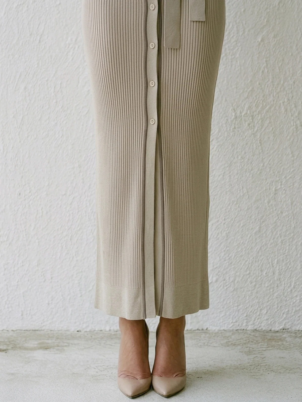 Ribbed Polo Collar Belted Midi Knit Dress - Image 4