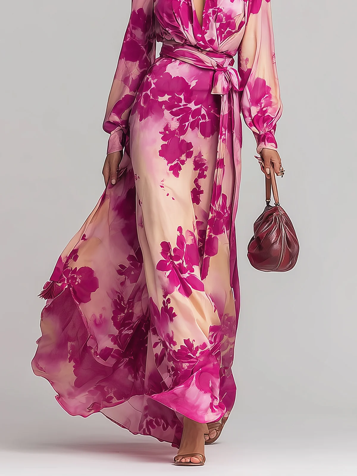 Romantic Rose-red Floral V-neck Long Dress With Tie Waist - Image 3