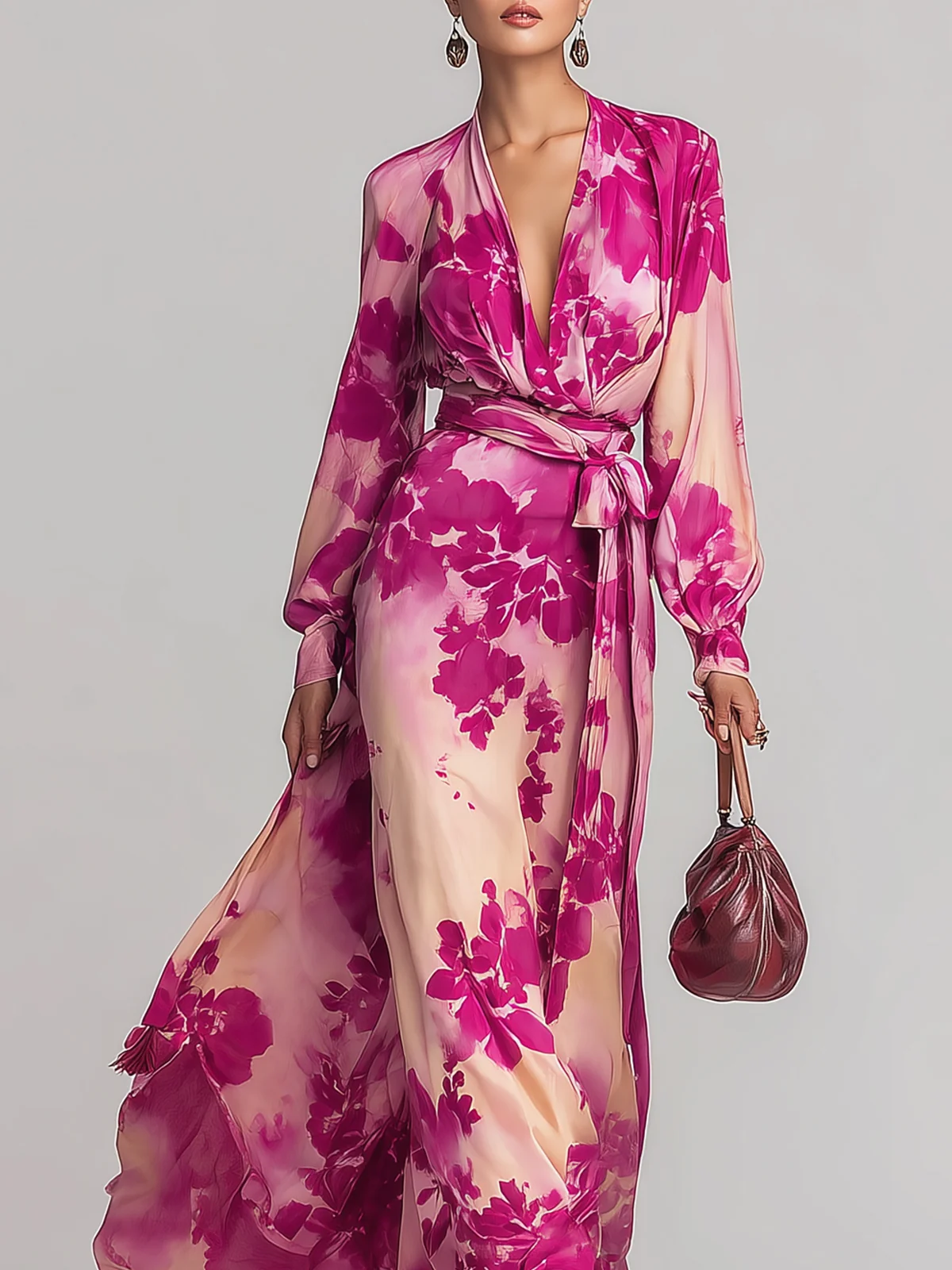 Romantic Rose-red Floral V-neck Long Dress With Tie Waist - Image 4