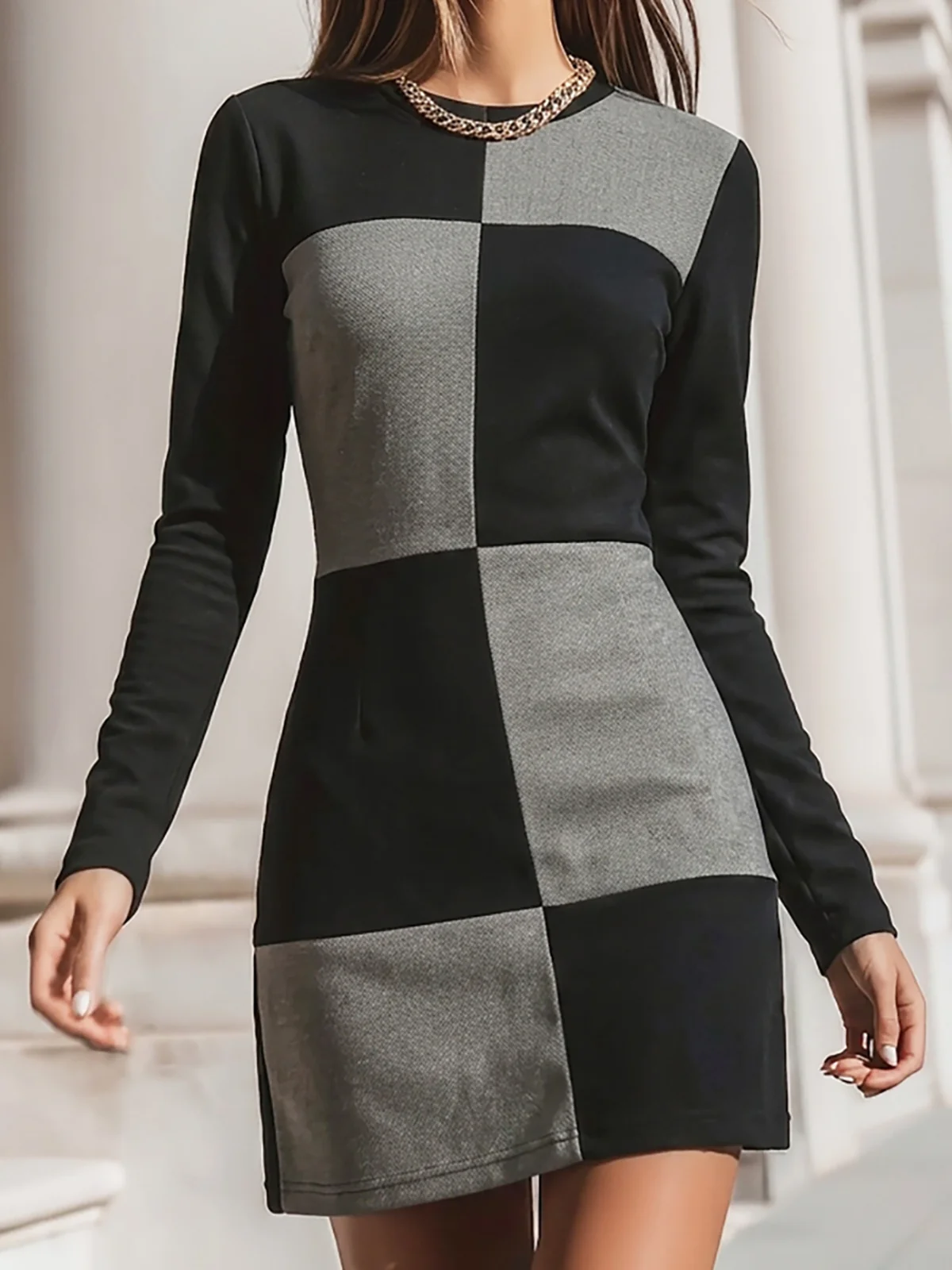 Round Neck Black Grey Patchwork Slim Fit Short Dress - Image 3