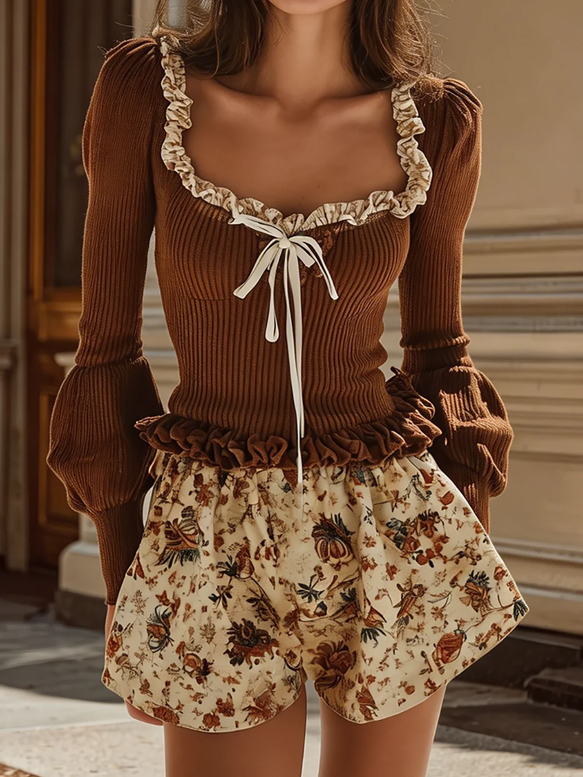 Ruffle Square Neck Knit Top Floral Print Shorts Set - Image 3