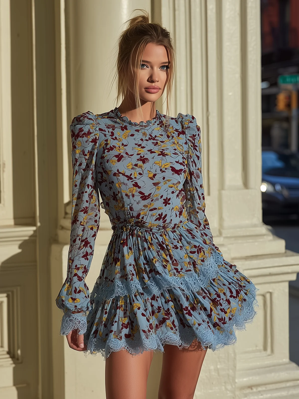 Vintage Leaf Print Layered Lace Hem Chiffon Dress - Image 2