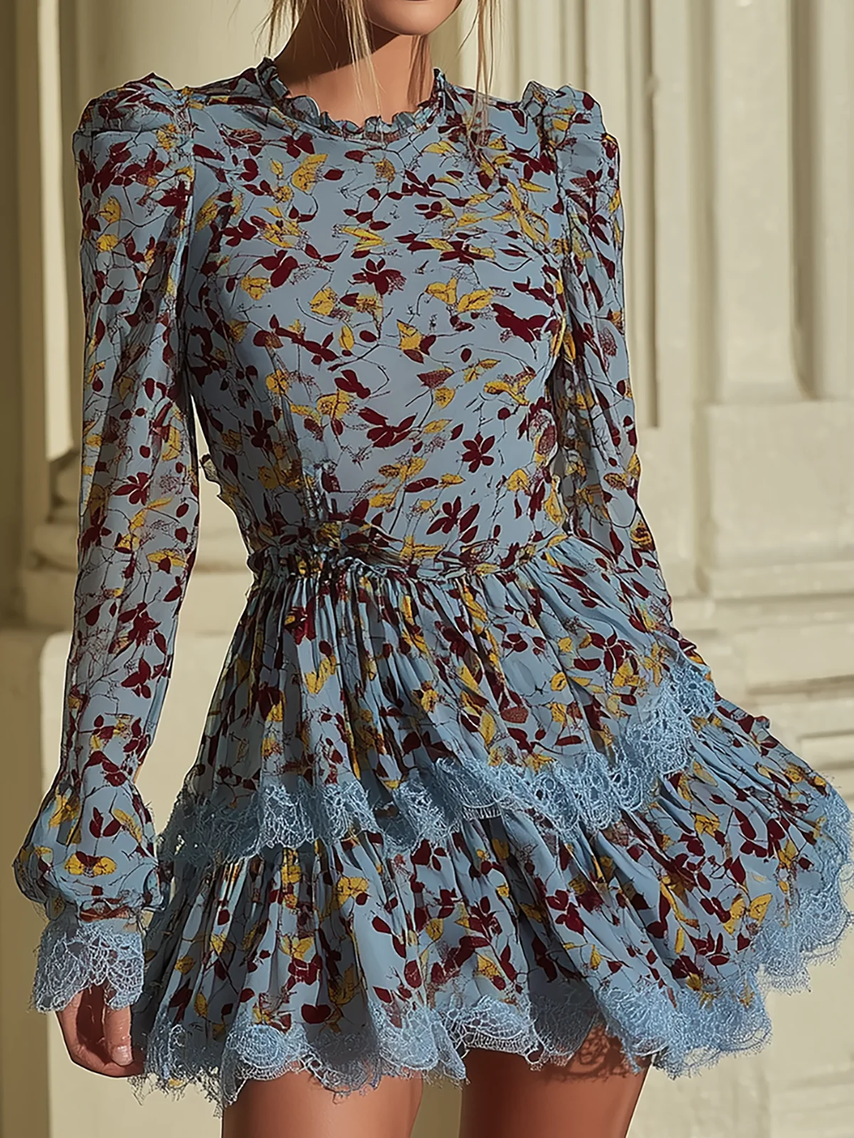 Vintage Leaf Print Layered Lace Hem Chiffon Dress - Image 3