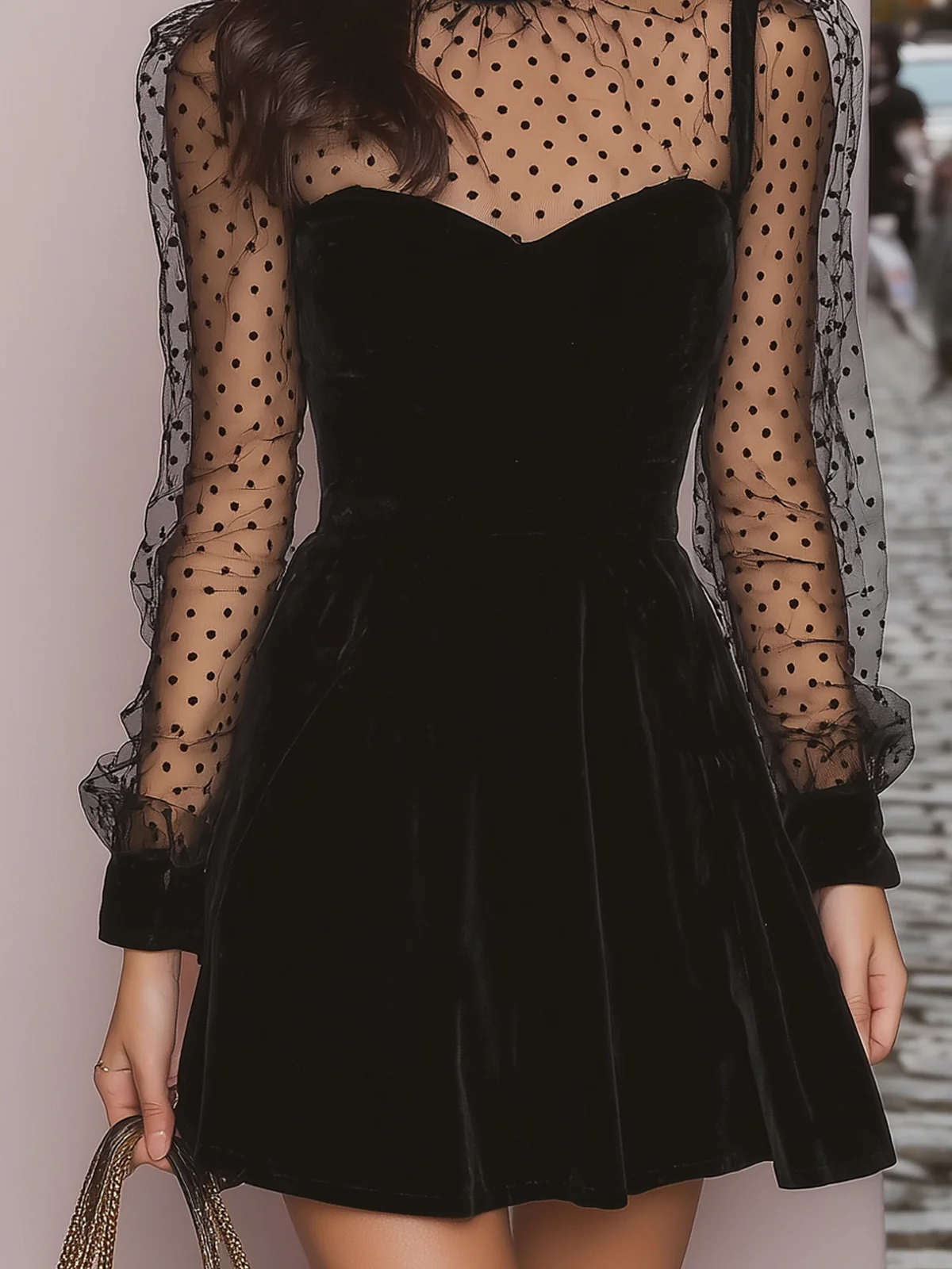 Vintage Polka Dot Sheer Sleeve Velvet Dress - Image 3