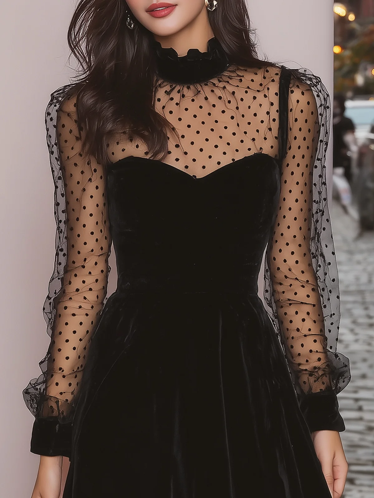 Vintage Polka Dot Sheer Sleeve Velvet Dress - Image 4