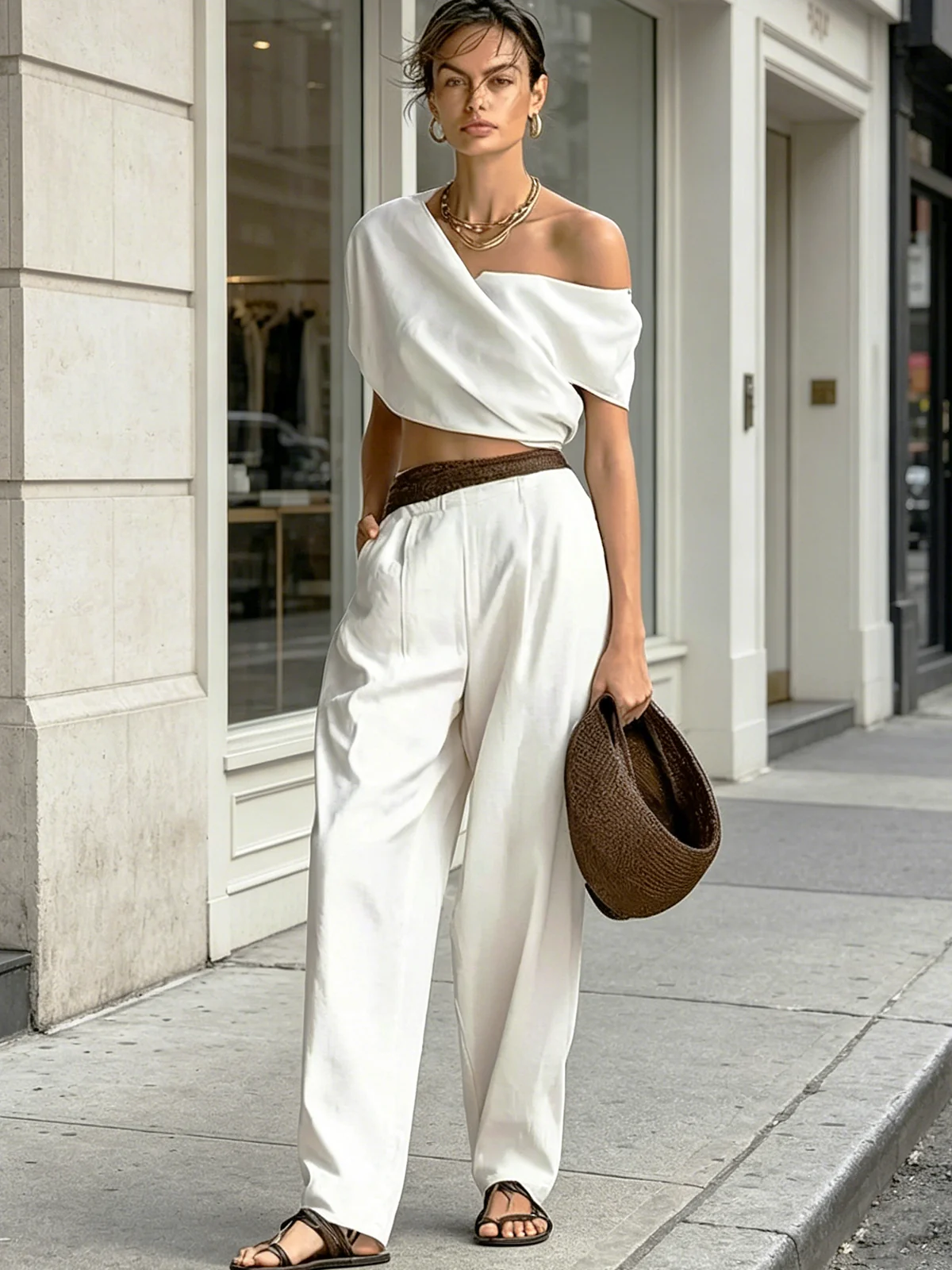 White Asymmetrical Off-Shoulder Wide Leg Pant Co-ord Set - Image 2