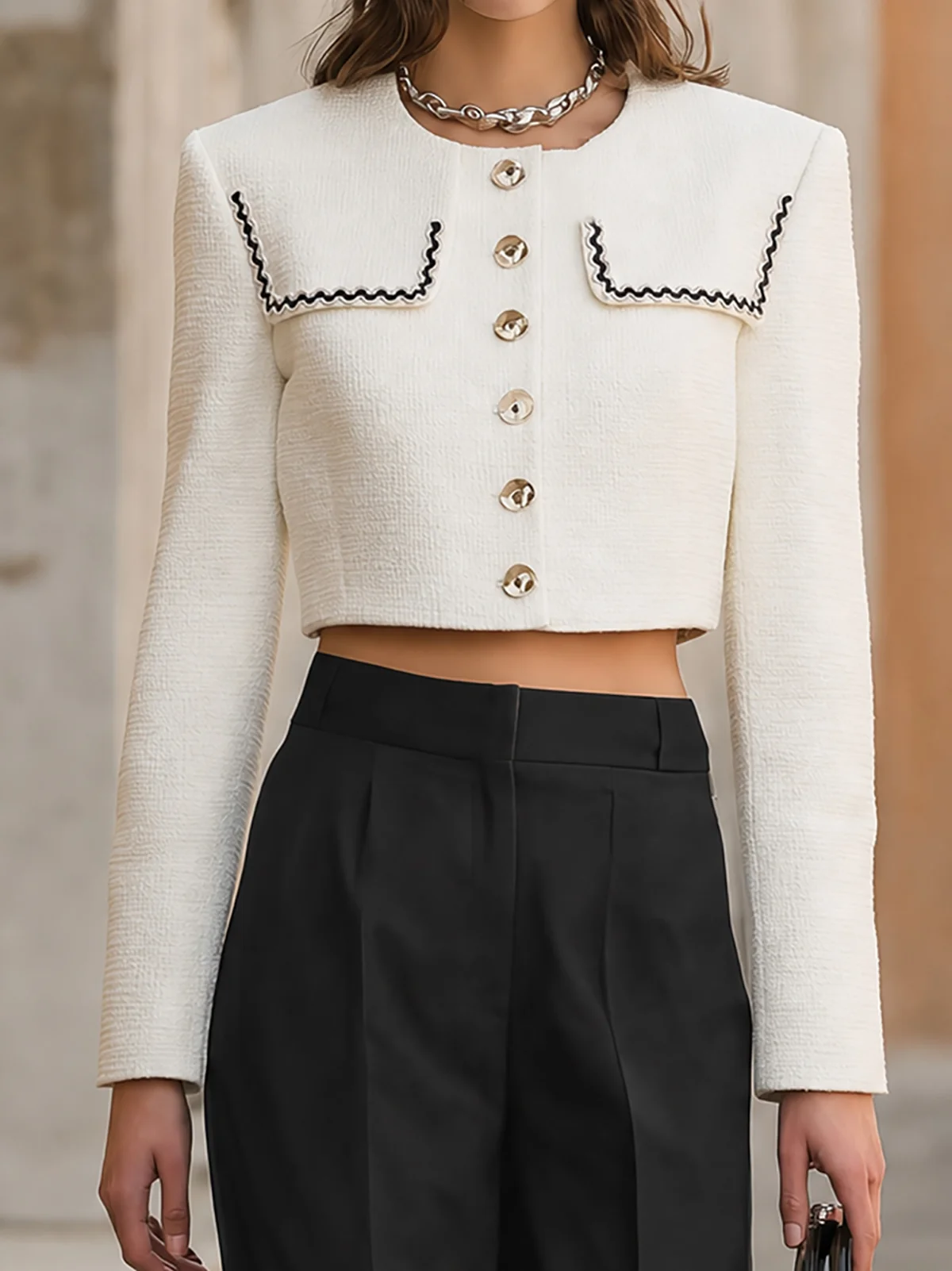 White Contrast Trim Cropped Blazer Black Wide Leg Pant Set - Image 3
