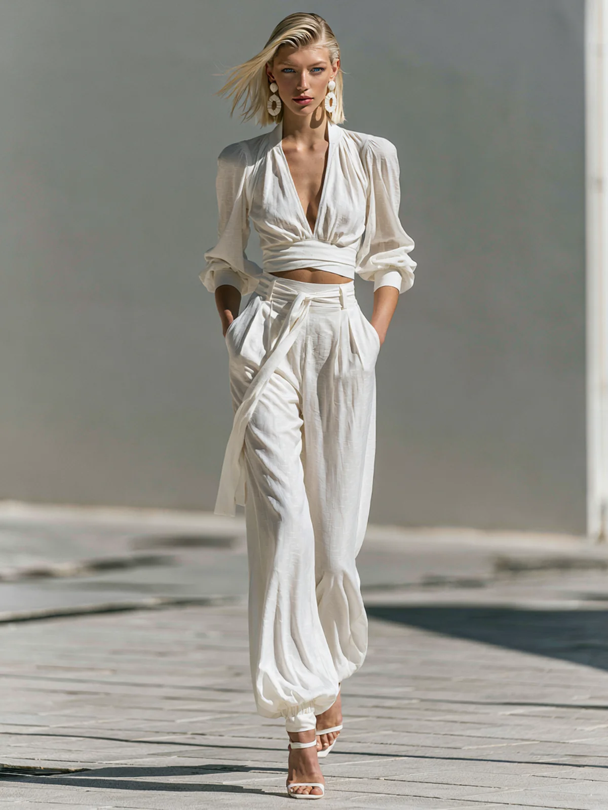White Deep V Wrap Crop Top Cuffed Jogger Pant Two-Piece Set - Image 2