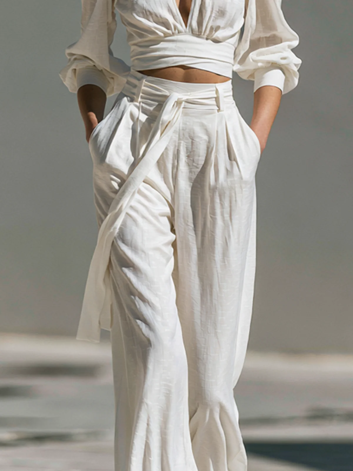 White Deep V Wrap Crop Top Cuffed Jogger Pant Two-Piece Set - Image 4