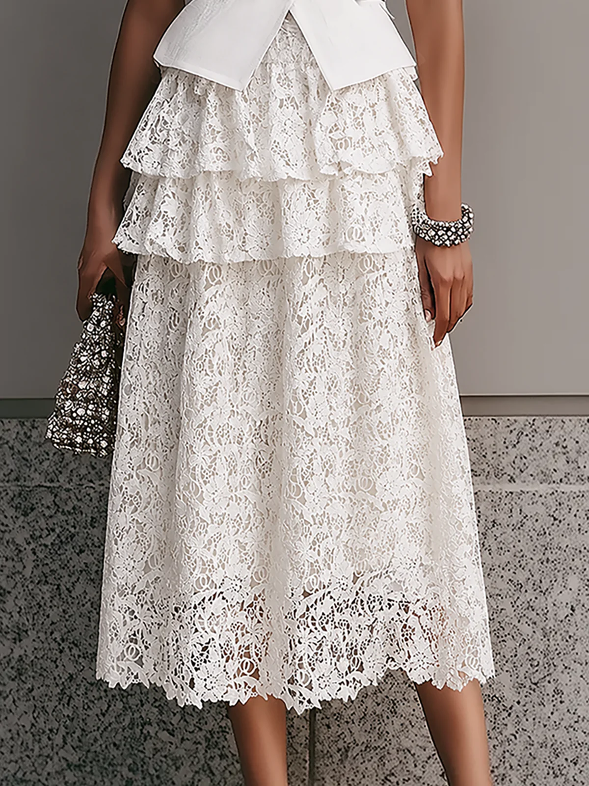 White Sleeveless Blazer And Tiered Lace Skirt Set - Image 4
