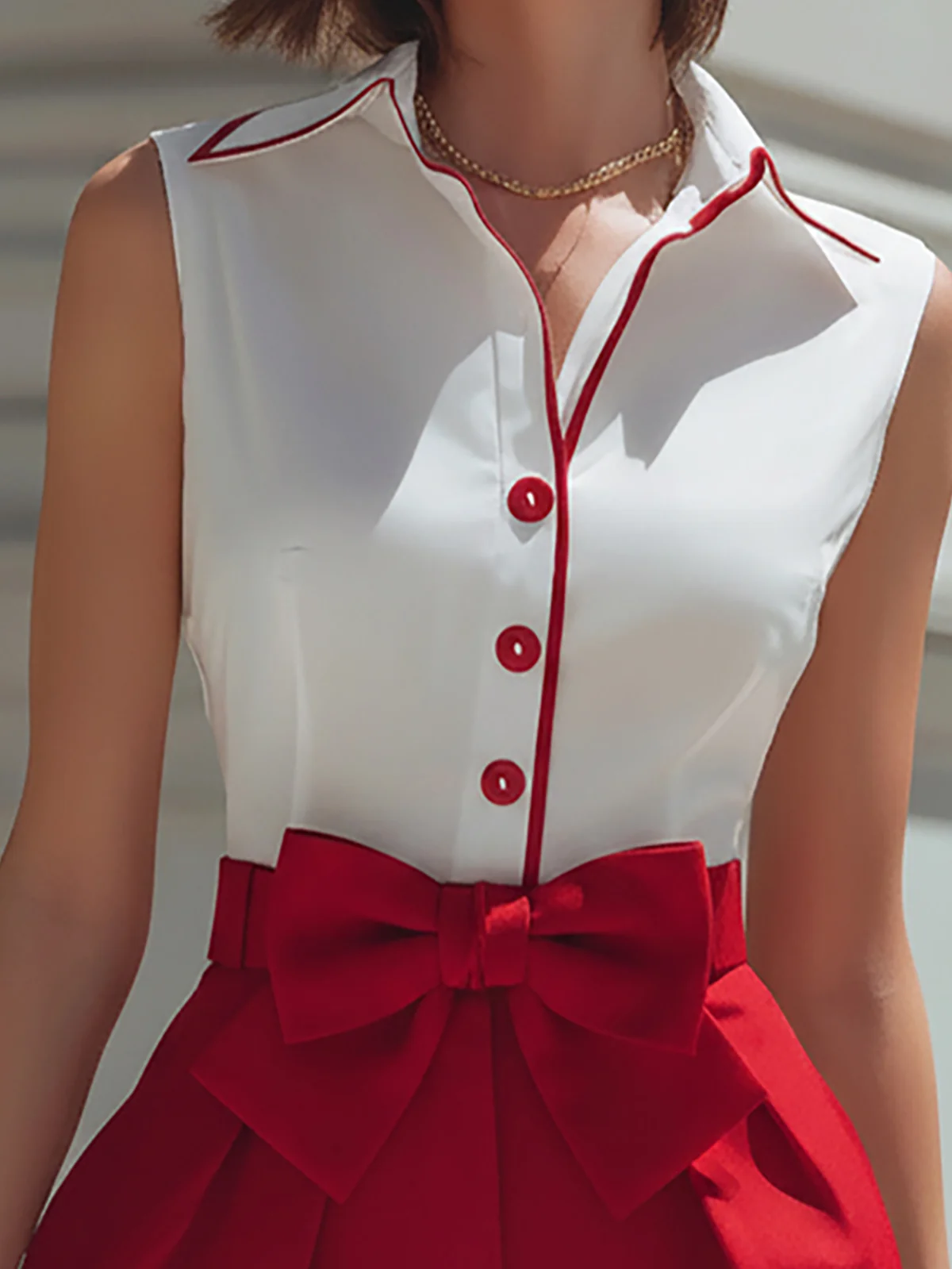 White Sleeveless Shirt Red Bow Shorts Set - Image 3